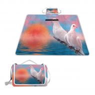FunnyCustom Picnic Blanket Sunset Birds Doves Sea Outdoor Blanket Portable Moisture Proof Picnic Mat for Beach Camping