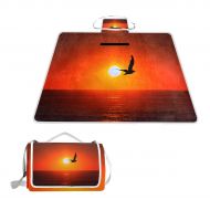 FunnyCustom Picnic Blanket Sunset Sea Bird Outdoor Blanket Portable Moisture Proof Picnic Mat for Beach Camping