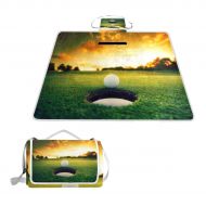 FunnyCustom Picnic Blanket Sunset Sport Golf Ball Outdoor Blanket Portable Moisture Proof Picnic Mat for Beach Camping