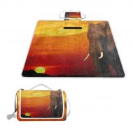 FunnyCustom Picnic Blanket African Elephant Sunset Forest Outdoor Blanket Portable Moisture Proof Picnic Mat for Beach Camping
