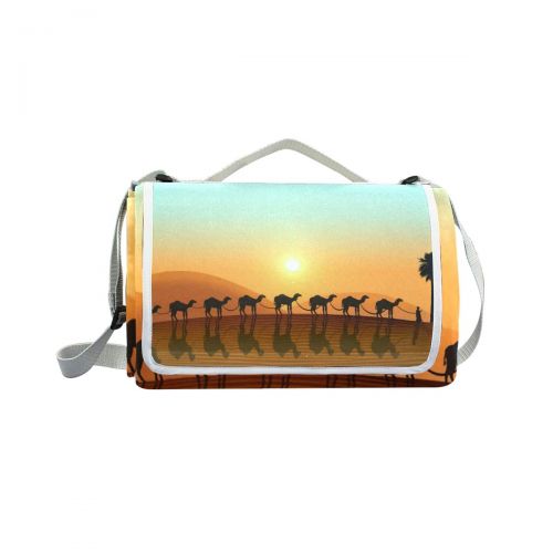  FunnyCustom Picnic Blanket Camel Desert Sunset Outdoor Blanket Portable Moisture Proof Picnic Mat for Beach Camping