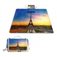 FunnyCustom Picnic Blanket Eiffel Tower Sunset Outdoor Blanket Portable Moisture Proof Picnic Mat for Beach Camping
