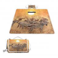 FunnyCustom Picnic Blanket Africa Sunset Zebra Outdoor Blanket Portable Moisture Proof Picnic Mat for Beach Camping