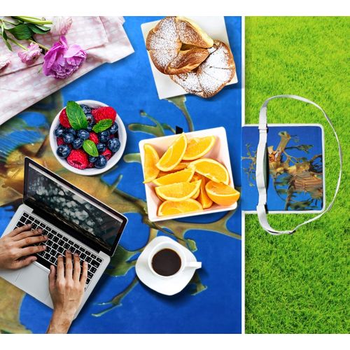  FunnyCustom Picnic Blanket Amazing Sunset Tree of Life Green Grass Outdoor Blanket Portable Moisture Proof Picnic Mat for Beach Camping