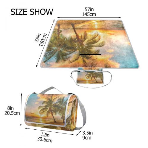  FunnyCustom Picnic Blanket Beautiful Sunset Palm Tree Beach Outdoor Blanket Portable Moisture Proof Picnic Mat for Beach Camping