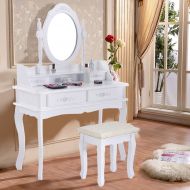 Furinho Bush New White Vanity Jewelry Makeup Dressing Table Set W/Stool 4 Drawer Mirror Wood Desk