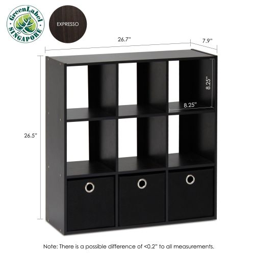  Furinno 13207EX/BK Simplistic 9-Cube Organizer with Bins, Espresso/Black