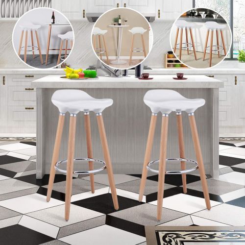  Furmax COSTWAY Bar Stools Modern Comfortable Armless Counter Height Bistro Pub Side Chairs Backless Barstools with Wooden Legs for Home & Kitchen Set of 2 White