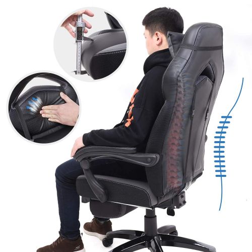  Furmax SONGMICS Office Chair Ergonomic Executive Gaming Swivel Chair with Foldable Pull-Out Footrest, Racing Style, Extra Large, Black Gray, UOBG77BG