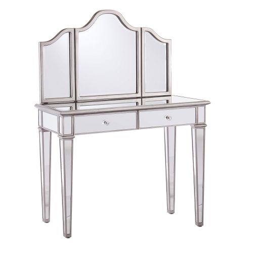  Furniture HotSpot Mirrored Vanity Set with Stool, Metallic Silver