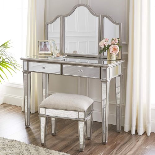  Furniture HotSpot Mirrored Vanity Set with Stool, Metallic Silver