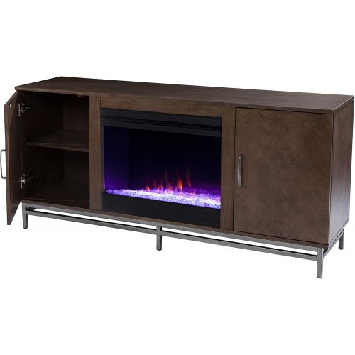  Furniture HotSpot Dibbonly Color Changing Fireplace w/ Media Storage, Brown and Matte Silver