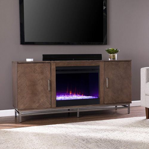  Furniture HotSpot Dibbonly Color Changing Fireplace w/ Media Storage, Brown and Matte Silver