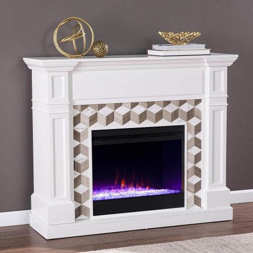  Furniture HotSpot Darvingmore Color Changing Fireplace with Marble Surround, White and Brown