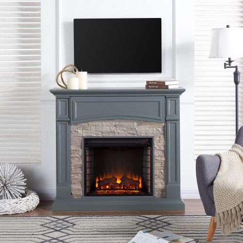  Furniture HotSpot Seneca Electric Media Fireplace Gray w/ Weathered Stone