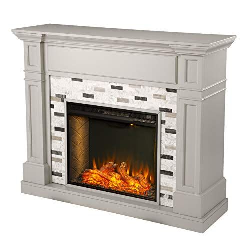  Furniture HotSpot Birkover Alexa Enabled Fireplace with Marble Surround, Gray and Black