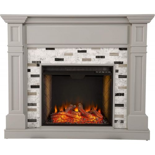  Furniture HotSpot Birkover Alexa Enabled Fireplace with Marble Surround, Gray and Black