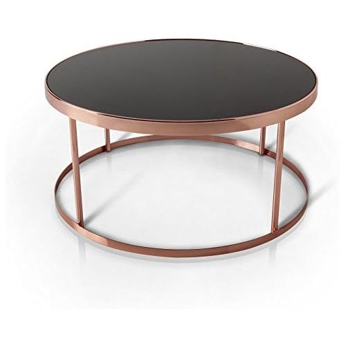  Furniture of America Cora Contemporary Black Glass Top Round Coffee Table, Rose Gold