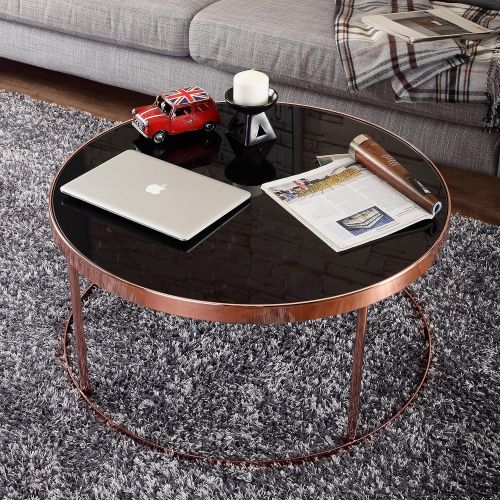  Furniture of America Cora Contemporary Black Glass Top Round Coffee Table, Rose Gold