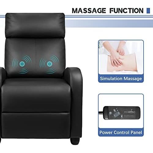  Furniwell Recliner Chair Massage Home Theater Seating Wing Back PU Leather Modern Single Living Room Reclining Sofa with Footrest (Black)