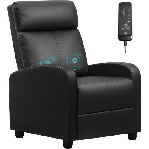  Furniwell Recliner Chair Massage Home Theater Seating Wing Back PU Leather Modern Single Living Room Reclining Sofa with Footrest (Black)
