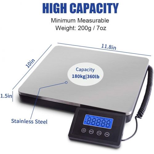  Fuzion Shipping Scale 360lb with High Accuracy, Stainless Steel Heavy Duty Postal Scale with Timer/Hold/Tare, Digital Postage Scale for Packages/Luggage/Post Office/Home, Battery &