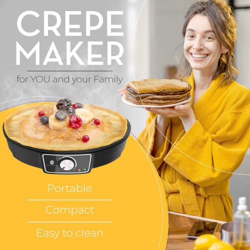  [아마존베스트]G&M Kitchen Essentials Crepe Maker Machine (Lifetime Warranty), Pancake Griddle  Nonstick 12” Electric Griddle  Pancake Maker, Batter Spreader, Wooden Spatula  Crepe Pan for Roti, Tortilla, Blintzes 