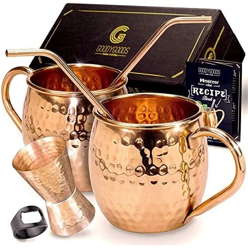  [아마존베스트]GoodyGoods-home styling GoodyGoods Moscow Mule Copper Mugs: Make Any Drink Taste Much Better! 100% Pure Solid Copper His & Hers Gift Set- 2 Hammered 16 OZ Copper Caps 2 Unique Straws, Jigger & Recipe Book