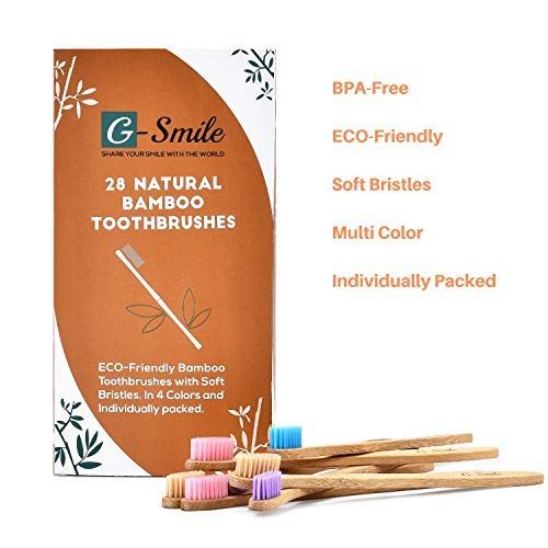  G-Smile 28 Eco-Friendly Bamboo Toothbrushes With BPA Free Nylon Bristles, In 4 Colors and Individually Packaged...