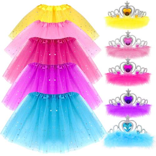  G.C Girls Princess Dress up Clothes with Star Sequins and Princess Crown Tiara Set Ballet Birthday Party for 2-8 Year Old Girl Gifts Tutu Skirt as Party Favors