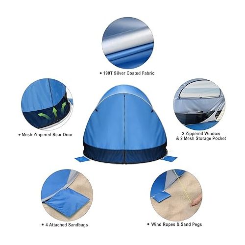  G4Free Beach Tent UPF 50+ Easy Pop Up Sun Shade 3-4 Persons Portable Sport Umbrella Instant Sun Shelter Tent Spacious Baby Canopy