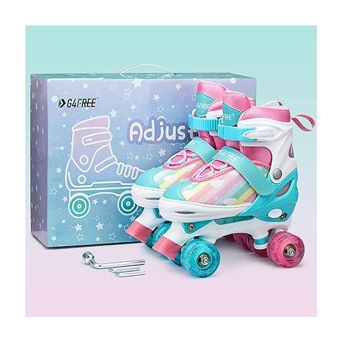  G4Free Kids Roller Skates for Girls, 4 Size Adjustable Roller Skates with Light Up Wheels for Toddlers Children Outdoor Indoor