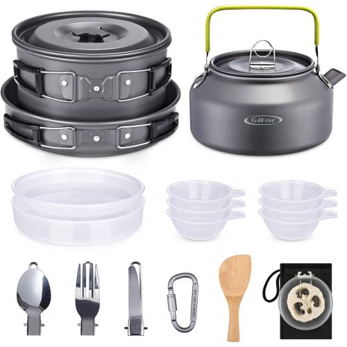  G4Free 19PCS Camping Cookware Mess Kit, Lightweight Pot Pan Kettle Fork Knife Spoon Kit for Backpacking, Outdoor Camping Hiking and Picnic