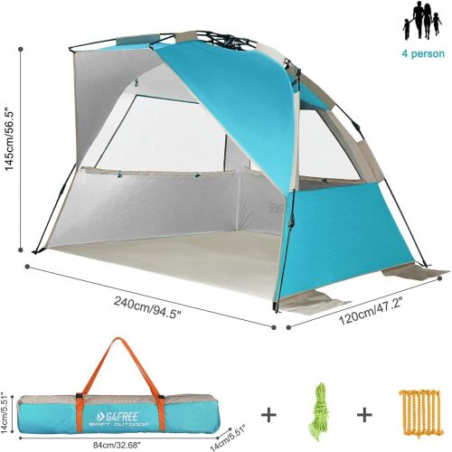  G4Free Easy Set up Beach Tent Deluxe XL, Pop up Sun Shelter for 3-4 Persons with UPF 50+ Protection Beach Shade with Extended Floor (Lake-Blue)