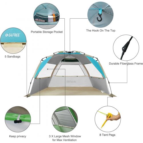  G4Free Easy Set up Beach Tent Deluxe XL, Pop up Sun Shelter for 3-4 Persons with UPF 50+ Protection Beach Shade with Extended Floor (Lake-Blue)