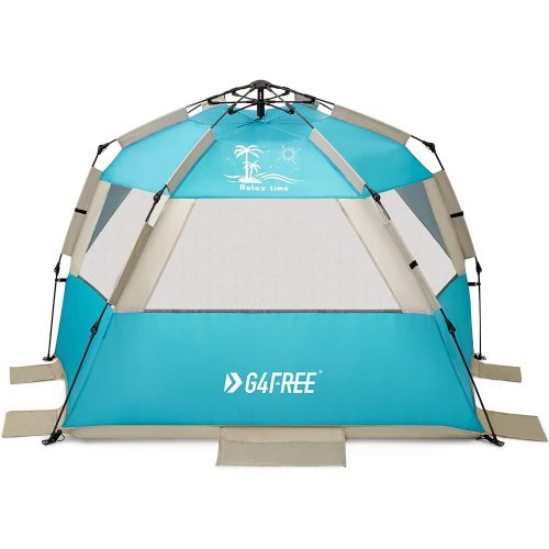  G4Free Easy Set up Beach Tent Deluxe XL, Pop up Sun Shelter for 3-4 Persons with UPF 50+ Protection Beach Shade with Extended Floor (Lake-Blue)