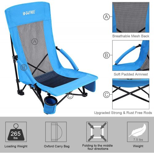  G4Free Low Sling Beach Chair, Folding Portable Beach Chair, Backpack Camping Chair for Adults with Mesh Back and Low Seat, Heavy Duty Reclining for Sand Camping