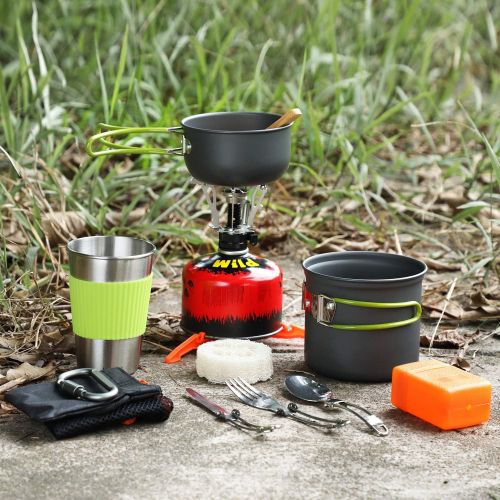  G4Free 13 Pcs Camping Cookware Stove Mess Kit, Cooking Pot Pan Bowl, Mini Stove, Stainless Steel Cup, Knife Fork Spoon Set for Backpacking, Camping Hiking and Picnic