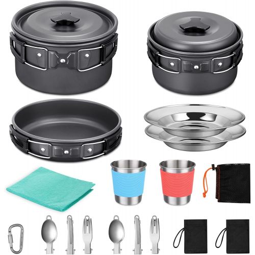  G4Free 21pcs Camping Cookware Mess Kit Non-Stick Lightweight Pots Pan Set with Stainless Steel Cups Plates Forks Knives Spoons for Camping Backpacking Outdoor Cooking and Picnic
