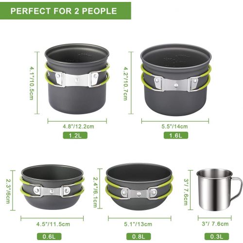  G4Free Camping Cookware Mess Kit 19 Pieces Hiking Backpacking Picnic Cooking Bowl Non Stick Pot Pan Knife Spoon Set 19PCS (Green)