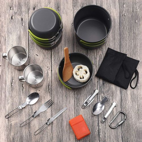  G4Free Camping Cookware Mess Kit 19 Pieces Hiking Backpacking Picnic Cooking Bowl Non Stick Pot Pan Knife Spoon Set 19PCS (Green)