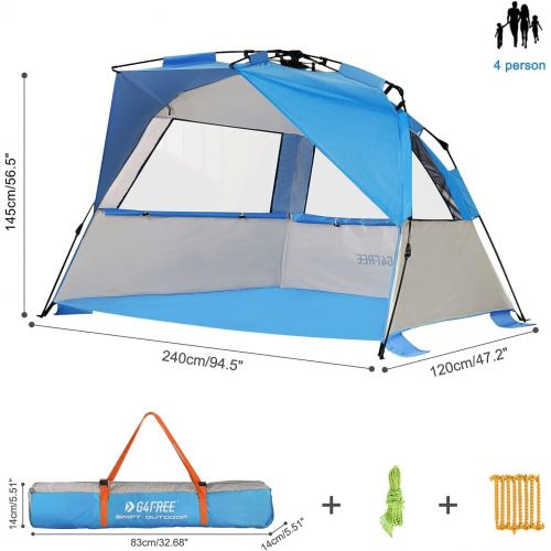  G4Free Easy Set up Beach Tent Deluxe XL, Pop up Sun Shelter for 3-4 Persons with UPF 50+ Protection Beach Shade with Extended Floor (Lake-Blue)