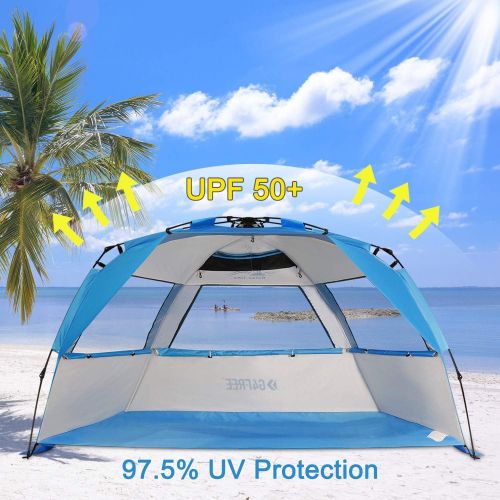  G4Free Easy Set up Beach Tent Deluxe XL, Pop up Sun Shelter for 3-4 Persons with UPF 50+ Protection Beach Shade with Extended Floor (Lake-Blue)