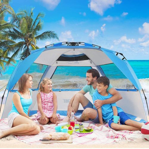  G4Free Easy Set up Beach Tent Deluxe XL, Pop up Sun Shelter for 3-4 Persons with UPF 50+ Protection Beach Shade with Extended Floor (Lake-Blue)