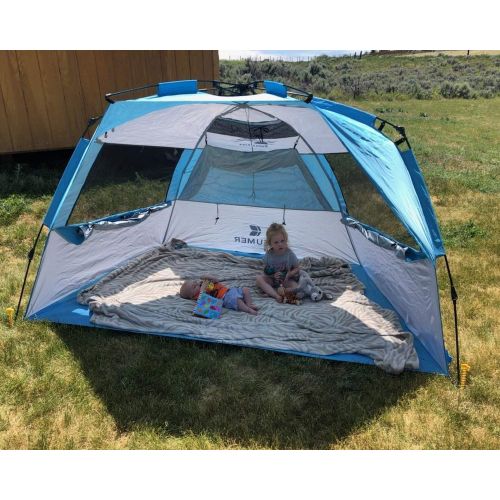  G4Free Easy Set up Beach Tent Deluxe XL, Pop up Sun Shelter for 3-4 Persons with UPF 50+ Protection Beach Shade with Extended Floor (Lake-Blue)