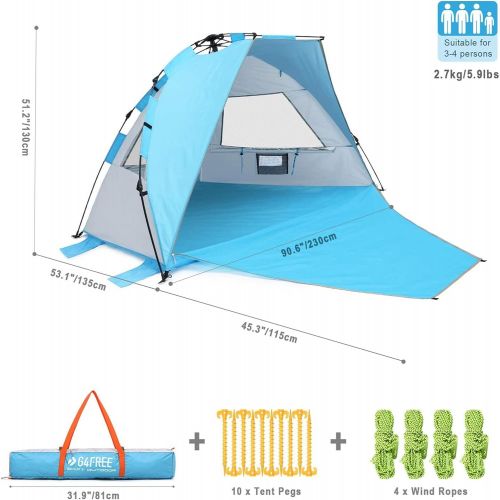  G4Free Easy Set up Beach Tent Deluxe XL, Pop up Sun Shelter for 3-4 Persons with UPF 50+ Protection Beach Shade with Extended Floor (Lake-Blue)