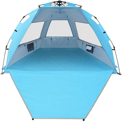  G4Free Easy Set up Beach Tent Deluxe XL, Pop up Sun Shelter for 3-4 Persons with UPF 50+ Protection Beach Shade with Extended Floor (Lake-Blue)