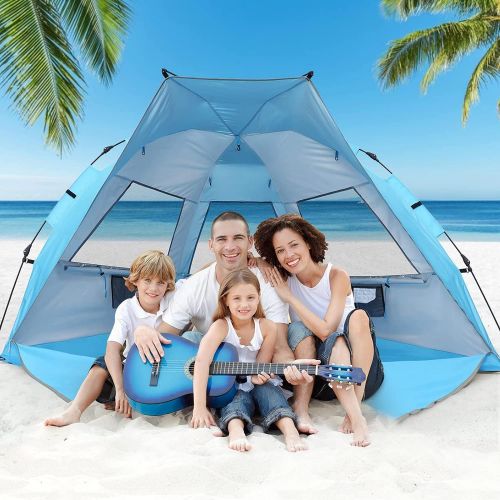  G4Free Easy Set up Beach Tent Deluxe XL, Pop up Sun Shelter for 3-4 Persons with UPF 50+ Protection Beach Shade with Extended Floor (Lake-Blue)