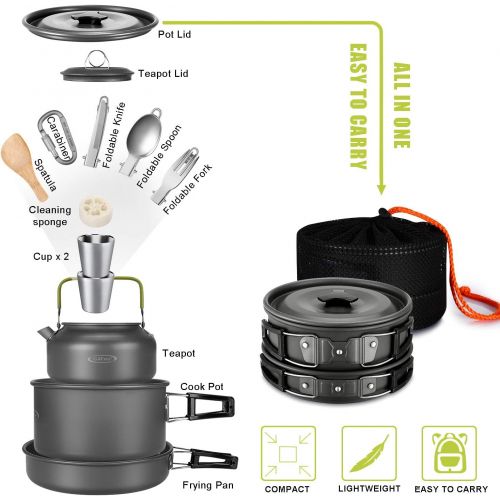  G4Free 13PCS Camping Cookware Mess Kit Campfire Kettle Outdoor Hiking Backpacking Picnic Cooking Pot Pan Bowl, Mini Stove, Stainless Steel Cup, Knife Spoon Set