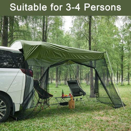  G4Free Car Awning Sun Shelter with Mosquito Net, Portable SUV Tent Tailgate Shade Car Canopy for Outdoor Camping Car Travel (Army Green)